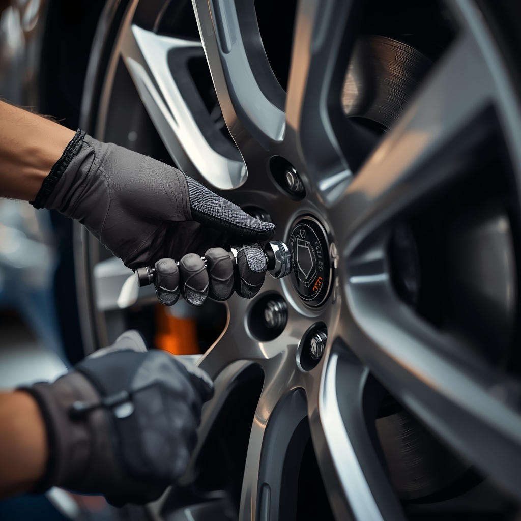 Close-up of a professional mechanic's hands in protective gloves tightening a wheel lug nut with a torque wrench on a modern car, shallow depth of field, photorealistic, no people in frame